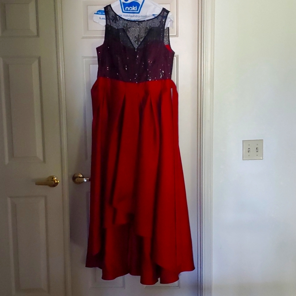 Red and Black Asymmetrical Evening Gown